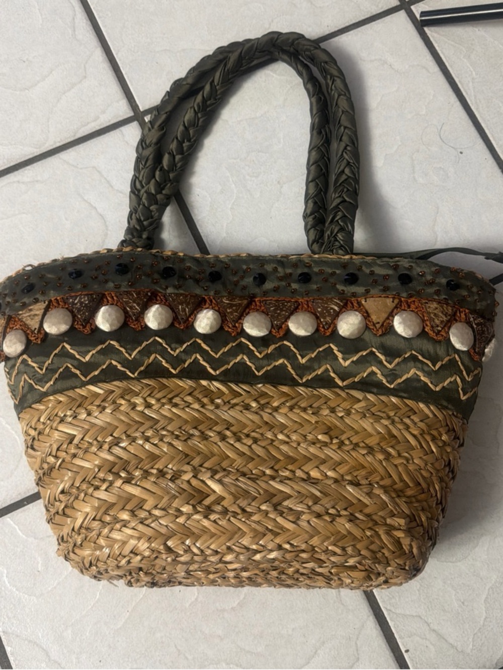 Sun N' Sand Handmade Straw Handbag Tote Beads Buttons Stones Braided Handles